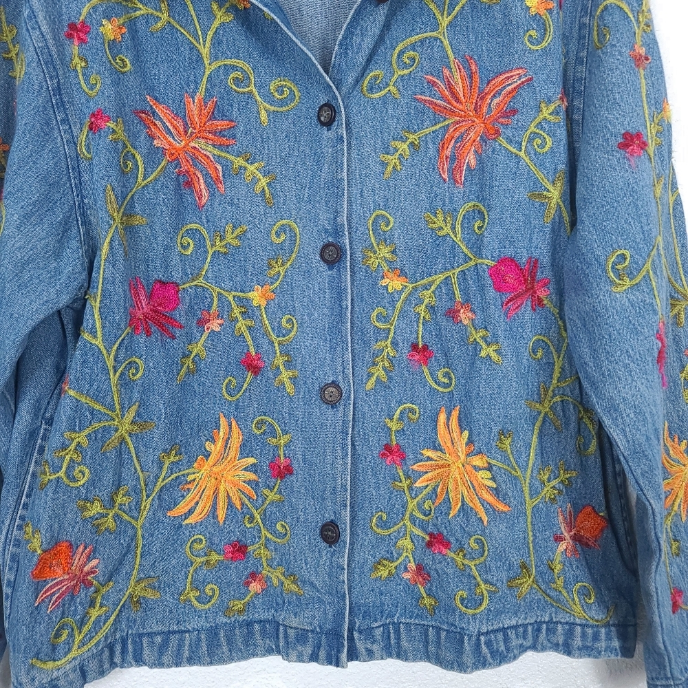 Tantrums Blue Denim Button-Down Jacket with Orange & Red Floral Embroidery - Picture 5 of 13